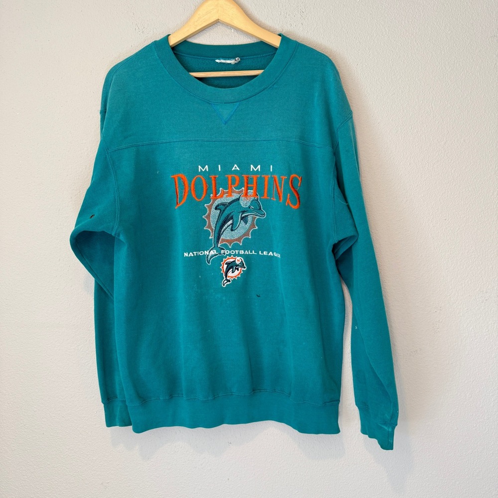 Vintage Miami Dolphins NFL Teal Embroidered Graphic Sweatshirt Distressed L/XL